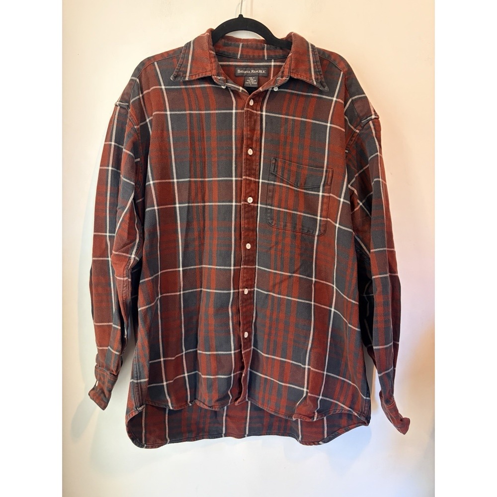 Banana Republic Flannel Shirt Mens Large Red Black Plaid Button Up Cotton Casual